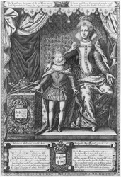 Dronning Marie de Medicis og Louis XIII som barn, gravert av Nicolas de Mathoniere (fl.1600-22) 1610